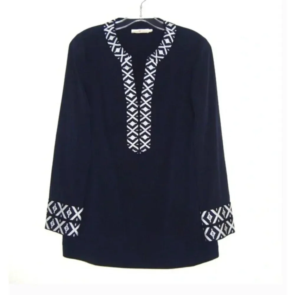 Tory Burch Womens Tunic With Taping Popover Blouse Top Size 4 Navy Blue NWT $295